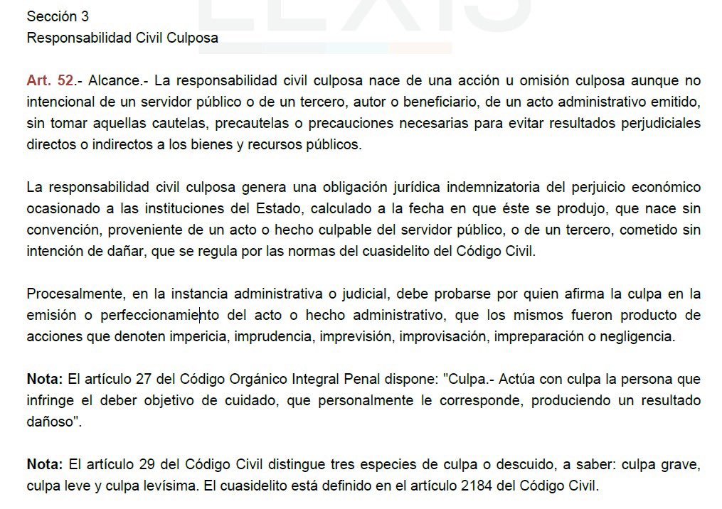 rosicastroa's tweet photo. 📌 Responsabilidad Civil Culposa: La LOCGE en el artículo 52 tipifica unos presupuestos legales, me interesan los del párrafo tercero: impericia, imprudencia, imprevisión, improvisación, impreparación y negligencia. 

Curioso que ni LOCGE, ni su reglamento general, ni el COA ni el Reglamento de Responsabilidades define estos presupuestos legales, entonces ¿Cómo el equipo auditor establece responsabilidad con base en estos presupuestos legales? 

Por ejemplo: la negligencia bien puede confundirse con la imprudencia. 

Queda potestativo del equipo auditor determinar estos presupuestos, bien podrían existir y no declarar responsabilidad o bien podrían no existir y declarar responsabilidad. Se vuelve como subjetivo al criterio del auditor. 

Así como los comentarios que hacen, bien subjetivos y cargados de sesgos.