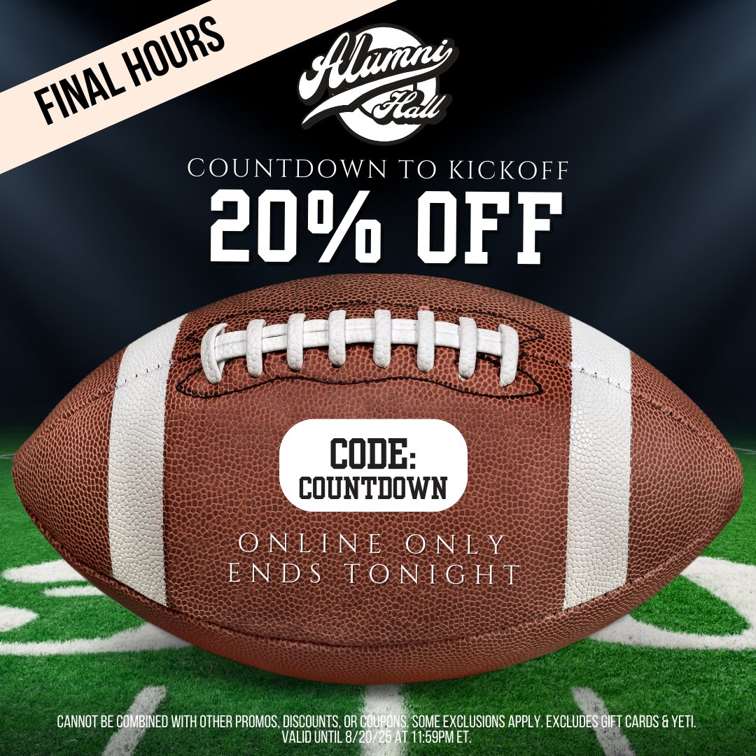 LAST CHANCE for 20% off your online purchase! Ends at midnight ⏳
alumnihall.com