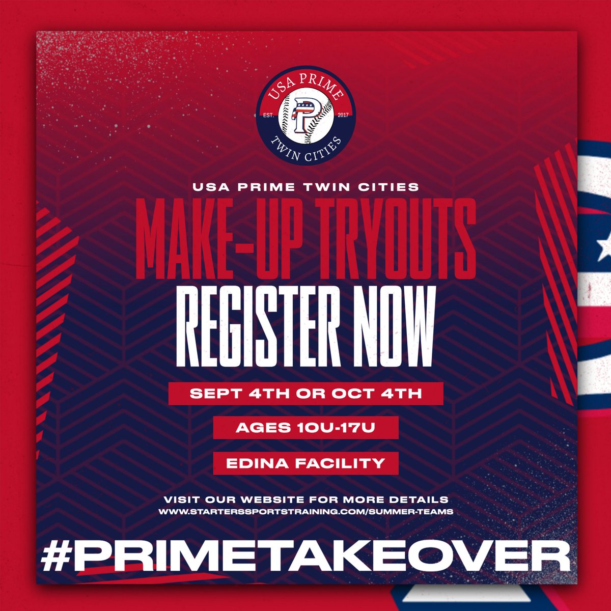 Make-Up Tryout registration is now available! Pick between September 4th or October 4th to tryout for USA Prime Twin Cities! 🗓️🇺🇸

🔗: starterssportstraining.com/summer-teams
.
.
.
.
#PRIMETAKEOVER #PRIMEMOVEMENT #usaprimebaseball #usaprimetwincities #usaprimetc #develop #compete #takeover