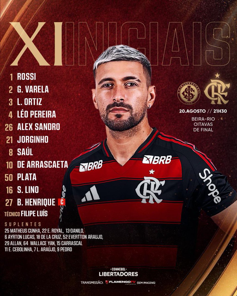 venecasagrande's tweet image. Flamengo escalado. Saúl mantido ao lado de Jorginho. Bruno Henrique retorna ao time.
