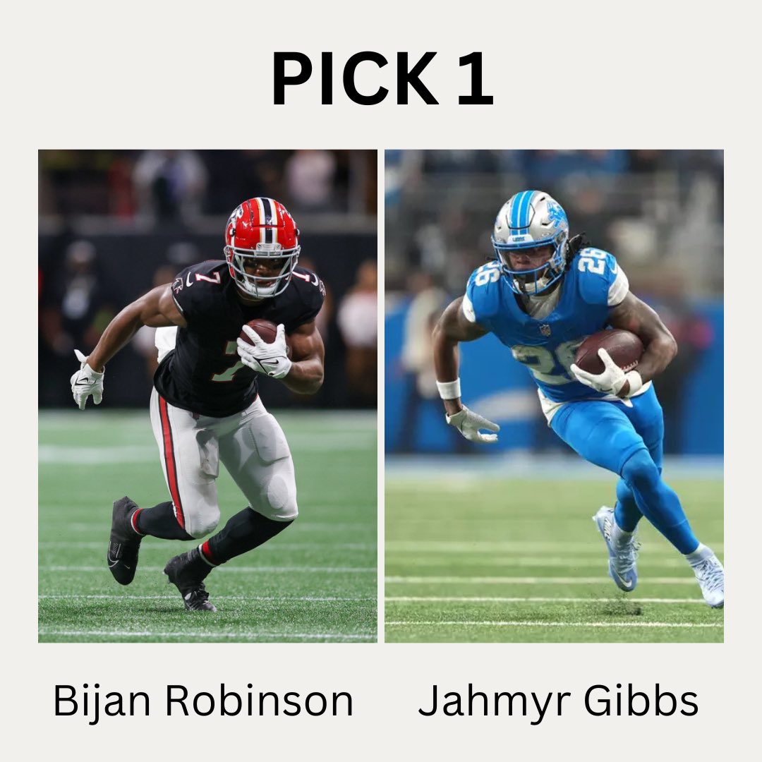 TempohhBets's tweet photo. 🚨 RB1 Debate 🚨
You’re starting a franchise tomorrow…
Who’s your guy?
🔥 Bijan Robinson
⚡ Jahmyr Gibbs
Only one survives. Choose wisely 👀 #NFL #FantasyFootball #Football #OnePride #DirtyBirds https://t.co/Tn2bnKPcRX