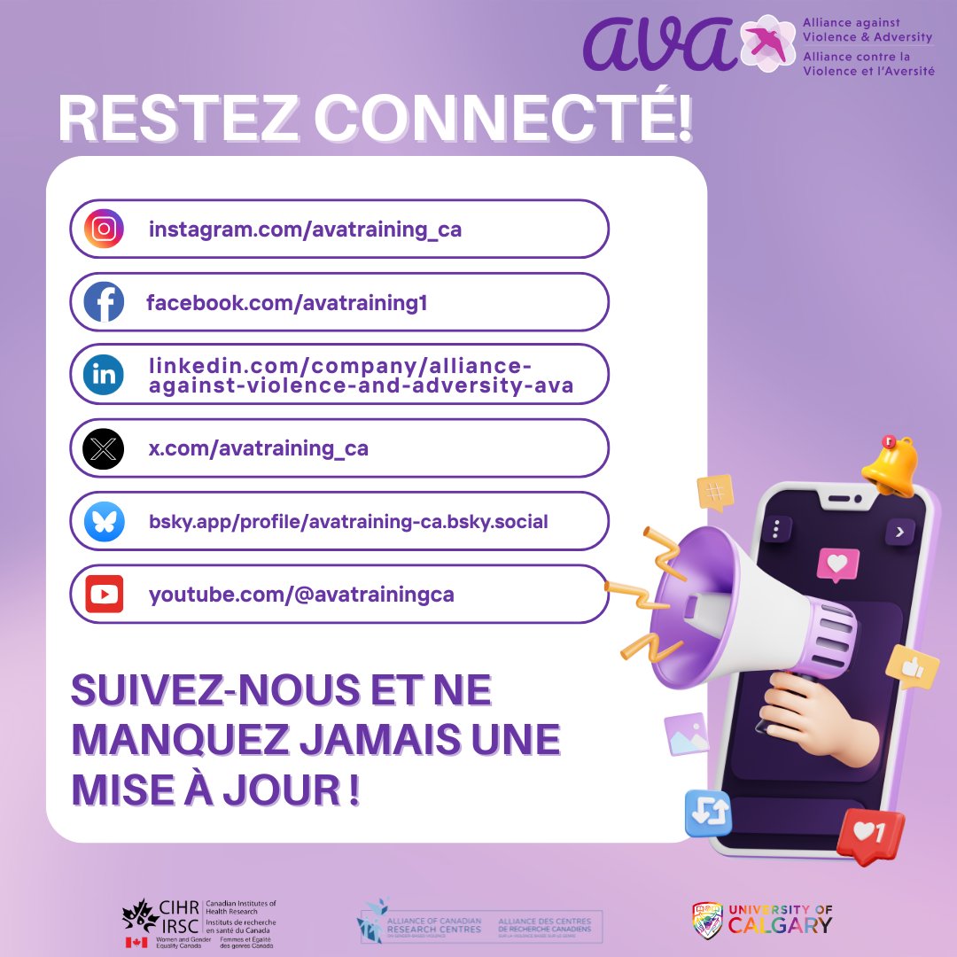 Suivez AVA sur toutes les plateformes pour connaître les dernières nouvelles en matière de formation, de recherche et d'actions communautaires !
instagram.com/avatraining_ca
linkedin.com/company/allian…
facebook.com/avatraining1
bsky.app/profile/avatra…
youtube.com/@avatrainingca

#AVATraining