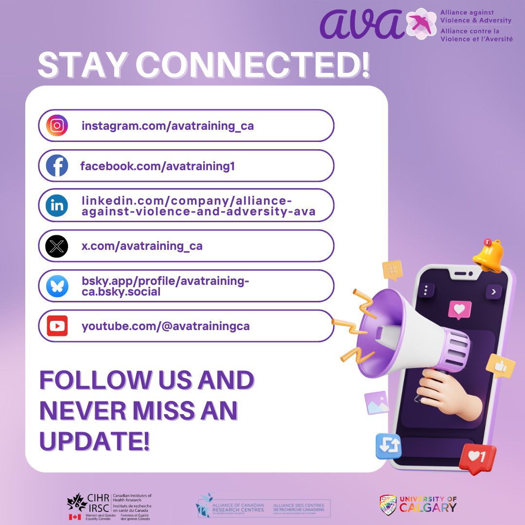 Follow AVA on all platforms for the latest on training, research, and community action helping women, girls, and gender-diverse people impacted by violence!
instagram.com/avatraining_ca
linkedin.com/company/allian…
facebook.com/avatraining1
bsky.app/profile/avatra…
youtube.com/@avatrainingca