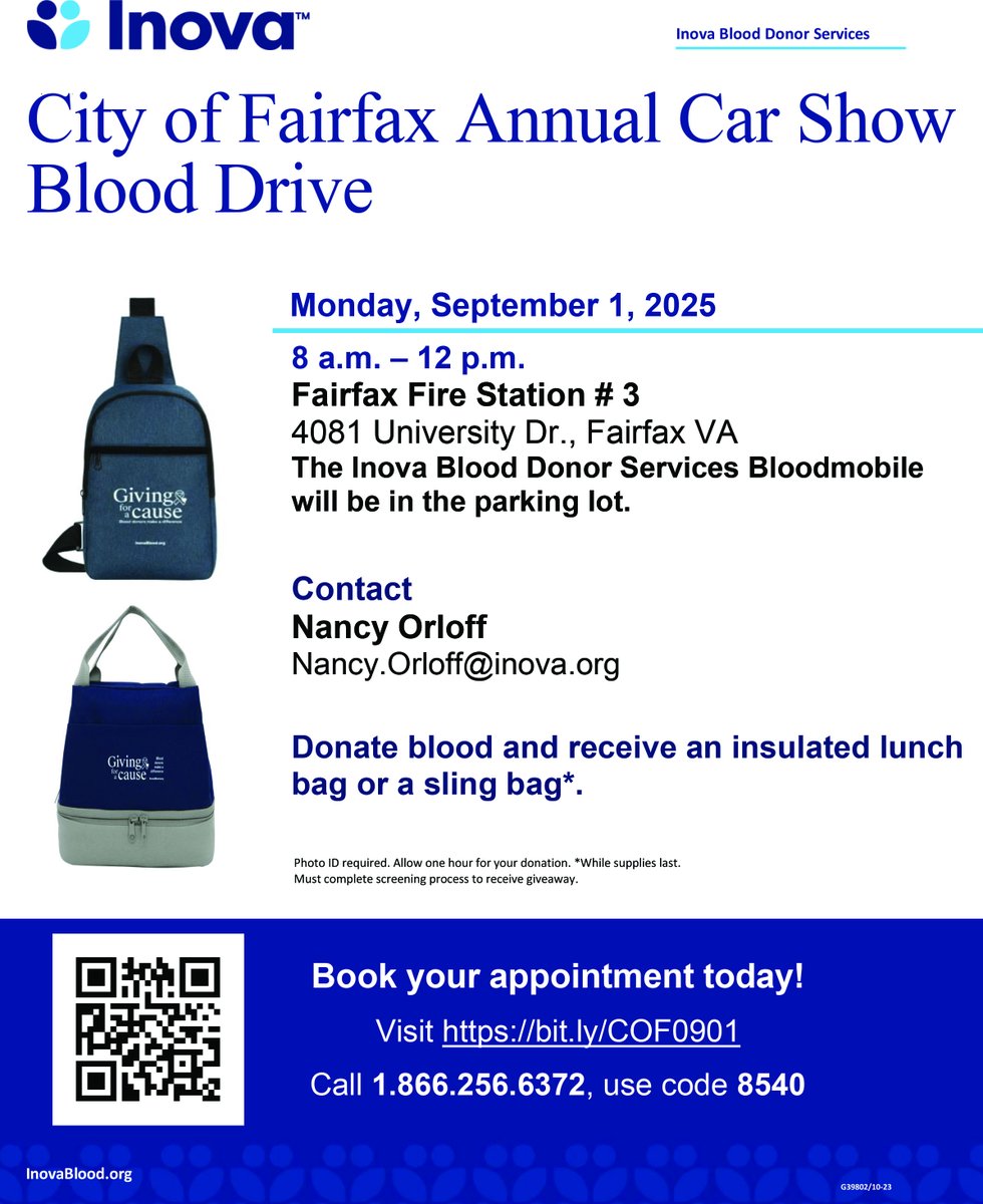 Gove the gift of life! 

Inova Blood Donor Services will hold a blood drive:
8 a.m. to noon
Monday, Sept. 1
<a href="/CityofFairfaxFD/">City of Fairfax Fire Department</a> Fire Station 3, 4081 University Dr.

Book your appointment today!
Visit bit.ly/COF0901
Call 866-256-6372, use code 8540