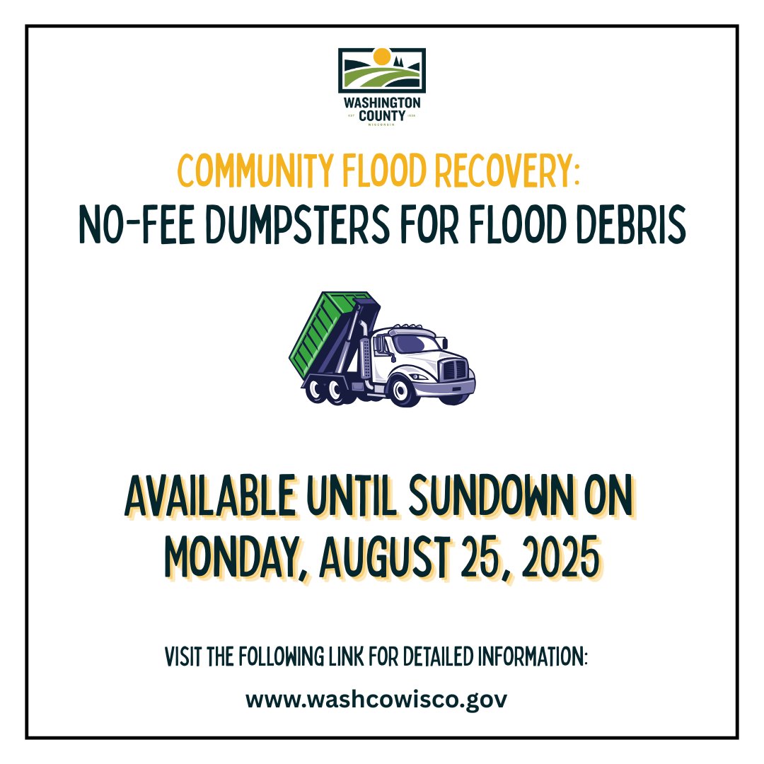 📢 Washington County residents: No-fee flood debris drop off available until sundown on Monday, August 25, 2025. Click the following link  for additional details: 
➡️ washcowisco.gov

Drop-off Location: 
Former UWM-WC Lower Parking Lot
400 University Drive; West Bend