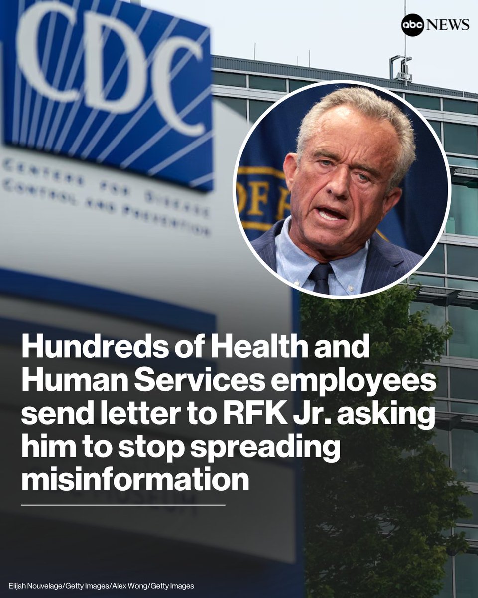 ABC's tweet photo. More than 750 employees across the Department of Health and Human Services sent a signed letter to members of Congress and Health Secretary Robert F. Kennedy Jr. on Wednesday morning, calling on him to stop spreading misinformation. https://t.co/p7AB0Vn5u5 https://t.co/F7MrT8xlVj