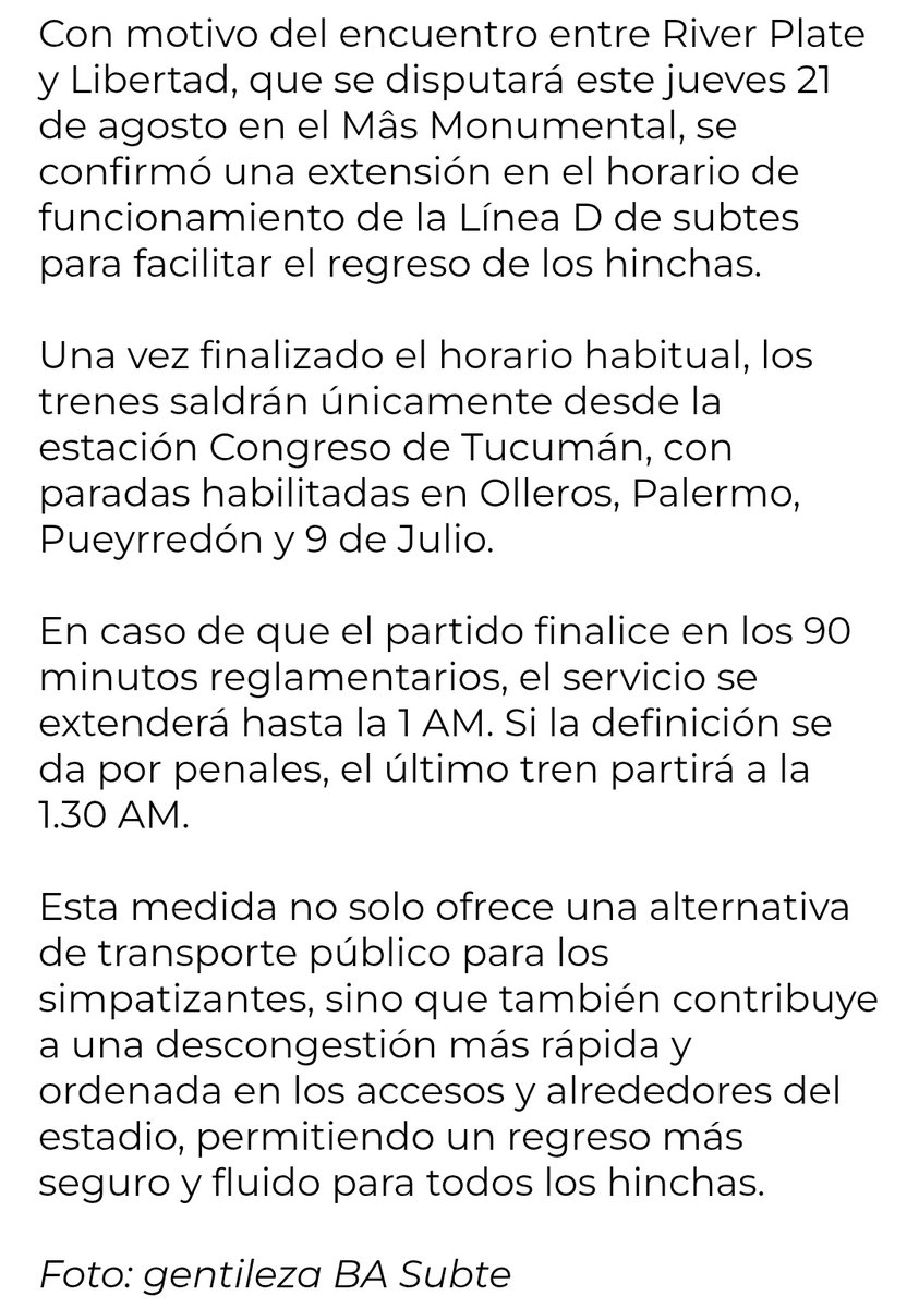 Maximiliano Grillo 💚💜 (@maxigrillo) on Twitter photo Extensión horaria del Subte D por el partido ante Libertad
cariverplate.com.ar/extensi-n-hora… Extensión horaria del Subte D por el partido ante Libertad
cariverplate.com.ar/extensi-n-hora…