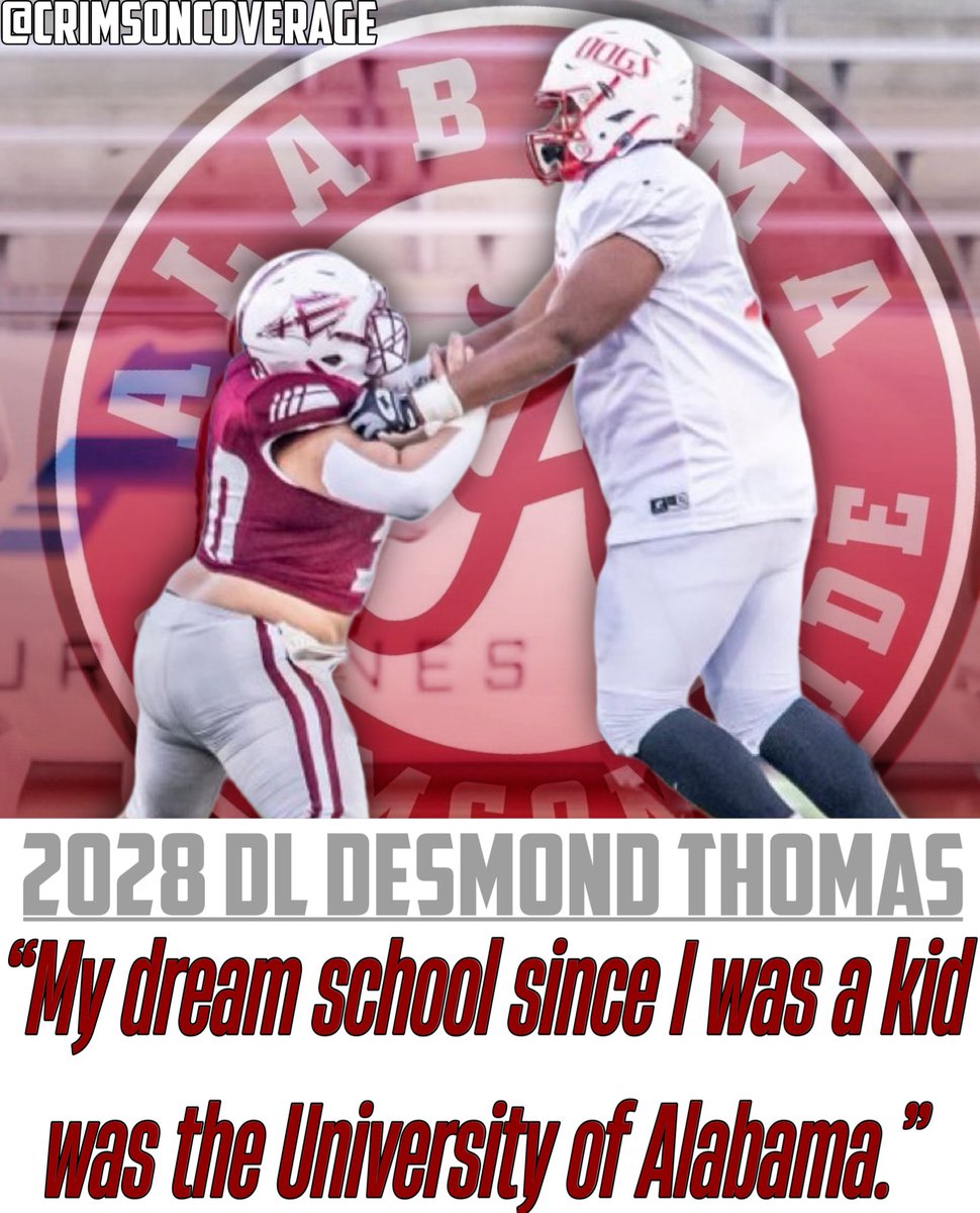CrimsonCoverage's tweet photo. 2028 DL Desmond Thomas (@Desmond_thomas7) attended an Alabama camp this summer.

I recently spoke with Thomas, and he provided me with his initial thoughts on the Crimson Tide. https://t.co/HrVF4EBT2p