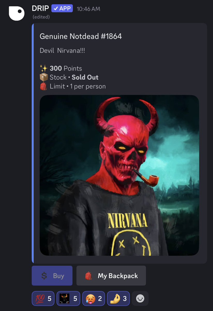 ๐ KTofu ๐ (@tgt_ktofu) on Twitter photo I bought this Devil Nirvana #GenuineNotdead using โจ, a DRIP currency earned by completing quests (twitter raids) and from giveaways.
All this and great vibes located in the <a href="/notdead1974/">notdead1974</a> Discord server ๐ฅ๐
Join us!
collection: opensea.io/collection/genโฆ
artist: <a href="/shepherd_vito/">Shepherd Vito ๐</a> ๐ I bought this Devil Nirvana #GenuineNotdead using โจ, a DRIP currency earned by completing quests (twitter raids) and from giveaways.
All this and great vibes located in the <a href="/notdead1974/">notdead1974</a> Discord server ๐ฅ๐
Join us!
collection: opensea.io/collection/genโฆ
artist: <a href="/shepherd_vito/">Shepherd Vito ๐</a> ๐