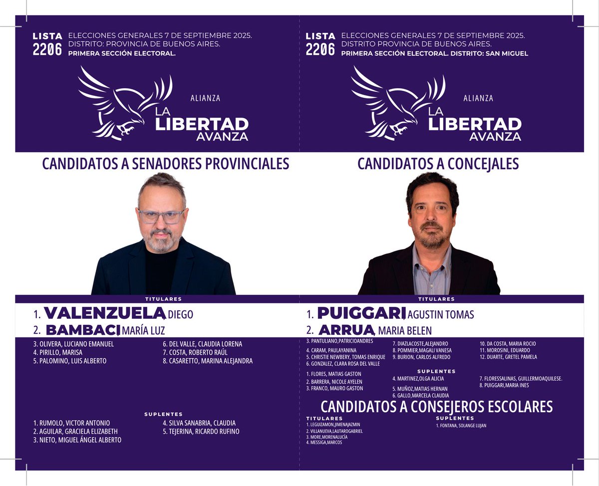 Agustín Puiggari (@agustinpuiggari) on Twitter photo 📢 Esta es la boleta de la LIBERTAD en San Miguel.🦁💜
📅 Este 7 de septiembre, recordá:
👉 La ÚNICA boleta liberal que representa a Javier Milei es la LISTA 2206🇦🇷💜
• <a href="/dievalen/">Diego Valenzuela</a> - 1er candidato a Senador Provincial
• Agustín Puiggari - 1er candidato a Concejal
⚠️ No te 📢 Esta es la boleta de la LIBERTAD en San Miguel.🦁💜
📅 Este 7 de septiembre, recordá:
👉 La ÚNICA boleta liberal que representa a Javier Milei es la LISTA 2206🇦🇷💜
• <a href="/dievalen/">Diego Valenzuela</a> - 1er candidato a Senador Provincial
• Agustín Puiggari - 1er candidato a Concejal
⚠️ No te