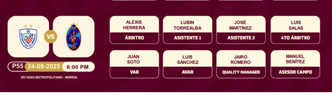 🔥🔥ATENCIÓN🔥🔥
Arbitraje para el cotejo entre 
<a href="/EstudiantesMEFC/">Estudiantes de Mérida FC</a> 
<a href="/DvoLaGuaira/">Deportivo La Guaira 🔱</a> qué tendrá VAR el Domingo a las 6pm.
<a href="/LigaFUTVE/">Liga Banco de Venezuela</a> 
<a href="/FVF_Oficial/">FVF</a>