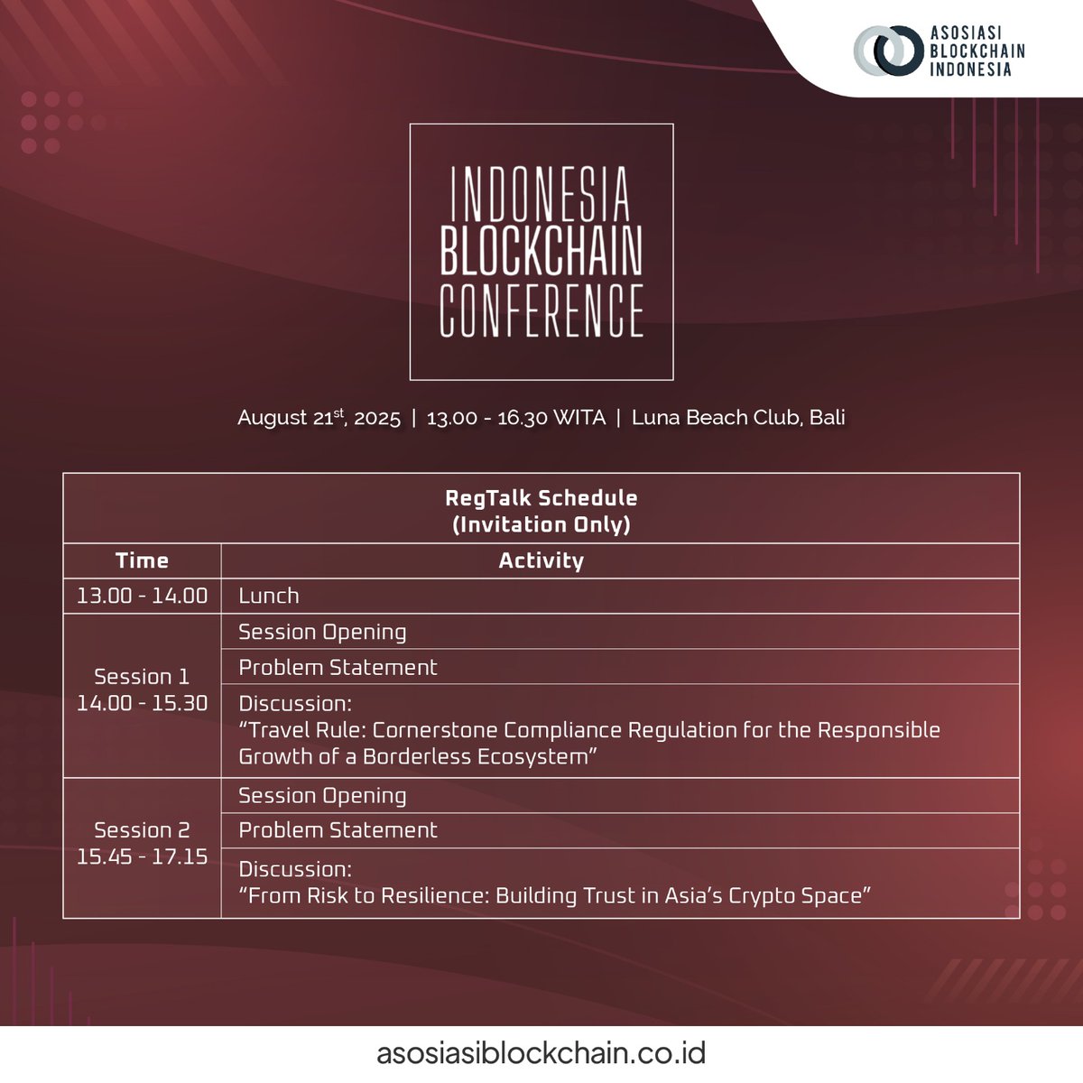 📢 Indonesia Blockchain Conference 2025 – Agenda Revealed!

Get ready for exclusive sessions, thought-provoking keynotes, and high-level dialogues with policymakers, regulators, and industry leaders at the IBC 2025.

📍 Luna Beach Club, Bali
🗓 Thursday, 21 August 2025