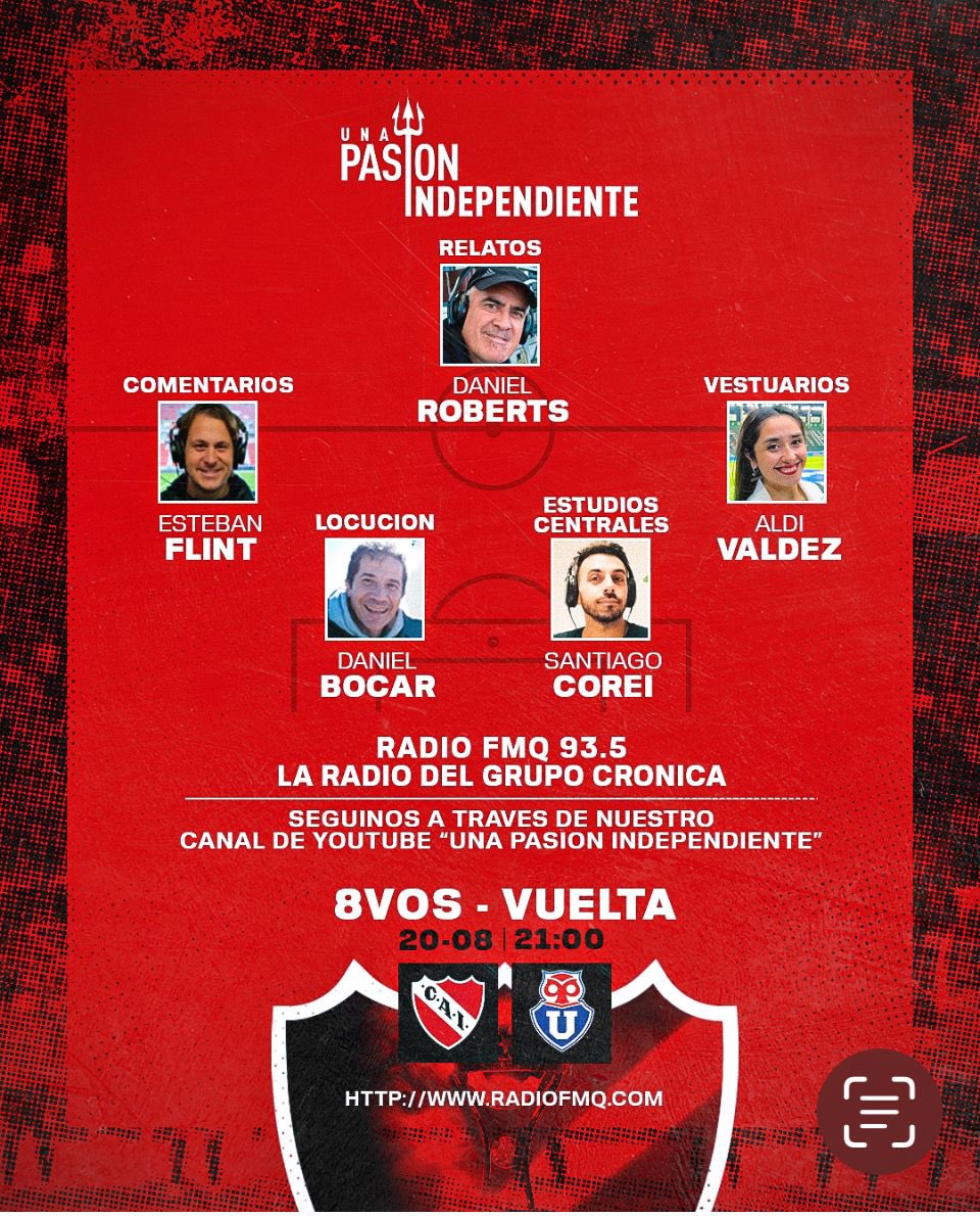 Aire 21hs! 
#Independiente-U de Chile 
🏆 Copa Sudamericana - 8vos - vuelta 
📻 FM 93.5 <a href="/radiofmq/">Radio FMQ</a> 
🖥️ YouTube: Una Pasión Independiente 
👉 m.youtube.com/watch?v=cZJp4C…