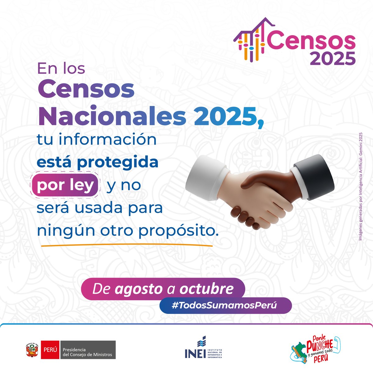 La Ley de los Censos y la Ley de Protección de Datos Personales garantizan tu privacidad.
💬 Participa con seguridad en los #CensosNacionales2025.

🔍 Conoce más de los Censos Nacionales en: censos2025.pe
#TodosSumamosPerú