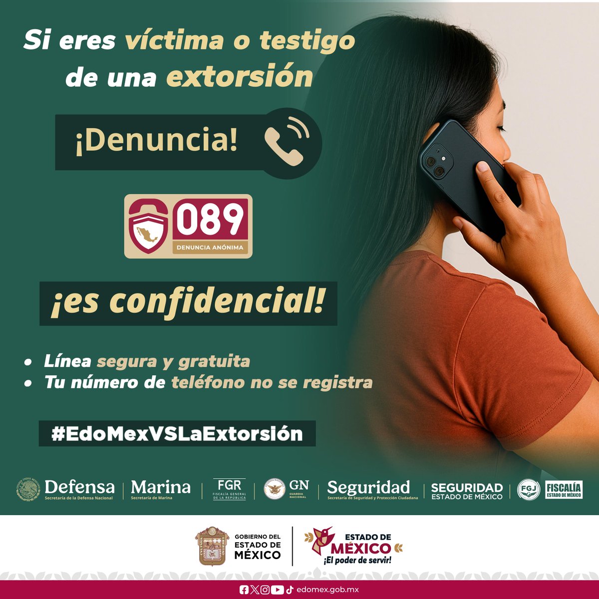 SIPINNA Edomex (@sipinnaedomex) on Twitter photo La extorción es un delito ¡Denuncialo! Si eres víctima o testigo llama al 📞 089!
El <a href="/Edomex/">Gobierno del Estado de México</a> te asegura que no se registra tu número telefónico y se garantiza la protección de tus datos. Súmate a la lucha contra este delito.
¡Juntos por #EdoMexVSLaExtorsión! La extorción es un delito ¡Denuncialo! Si eres víctima o testigo llama al 📞 089!
El <a href="/Edomex/">Gobierno del Estado de México</a> te asegura que no se registra tu número telefónico y se garantiza la protección de tus datos. Súmate a la lucha contra este delito.
¡Juntos por #EdoMexVSLaExtorsión!