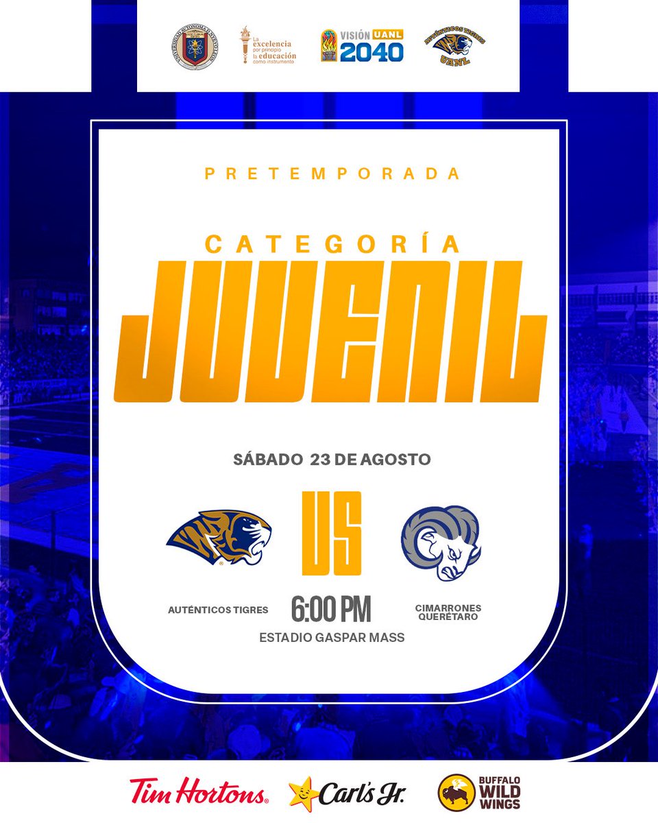 UANL_Autenticos's tweet photo. PRETEMPORADA CATEGORÍA JUVENIL🏈

AUTÉNTICOS TIGRES VS CIMARRONES QUERÉTARO 💪🏻

🗓️| Sábado  23 de Agosto.
🕐| 18:00 hrs.
🏟️| Estadio Gaspar Mass

#ATJuvenil #serauténtico https://t.co/x2ZsYWmW4q