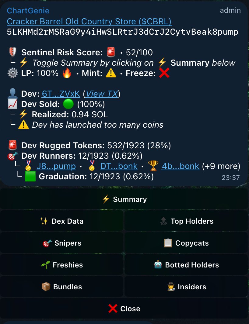 You have been rugged before, and are looking to not get rugged again?

Well, this is where ChartGenie comes into play.
- Scan for bundles, freshies, botted holders &amp; much more
- All within telegram!

👉 Docs: chartgenieai.gitbook.io/chartgenieai

#pumpfun #solana #crypto #memecoin #trading