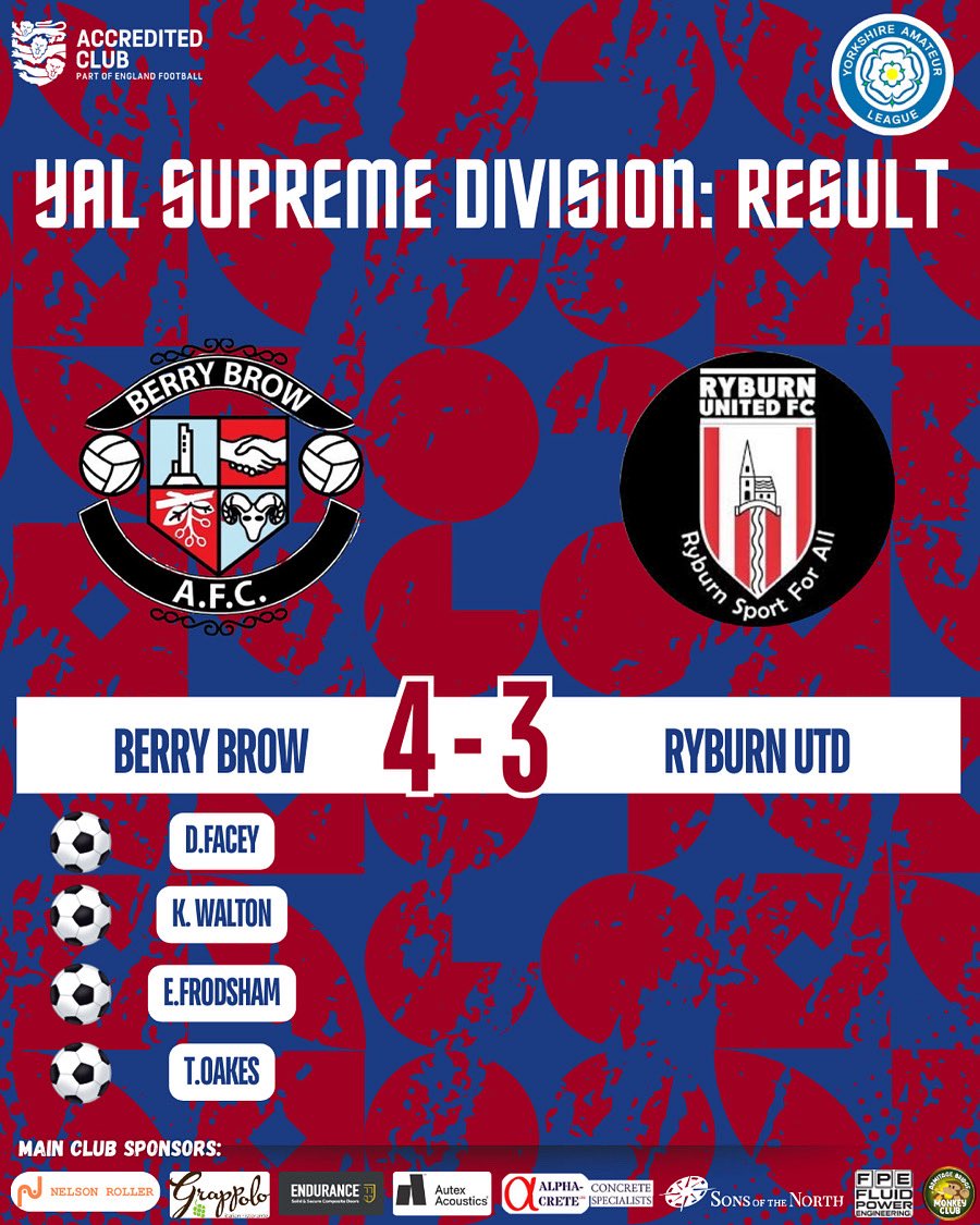 BerryBrowAFC's tweet image. Full time result:
Great win for the lads against a good @RyburnUtdFC side tonight at the Bernabrow. Time to rest and recover before another game on Saturday! MOM goes to gash 👏🏻