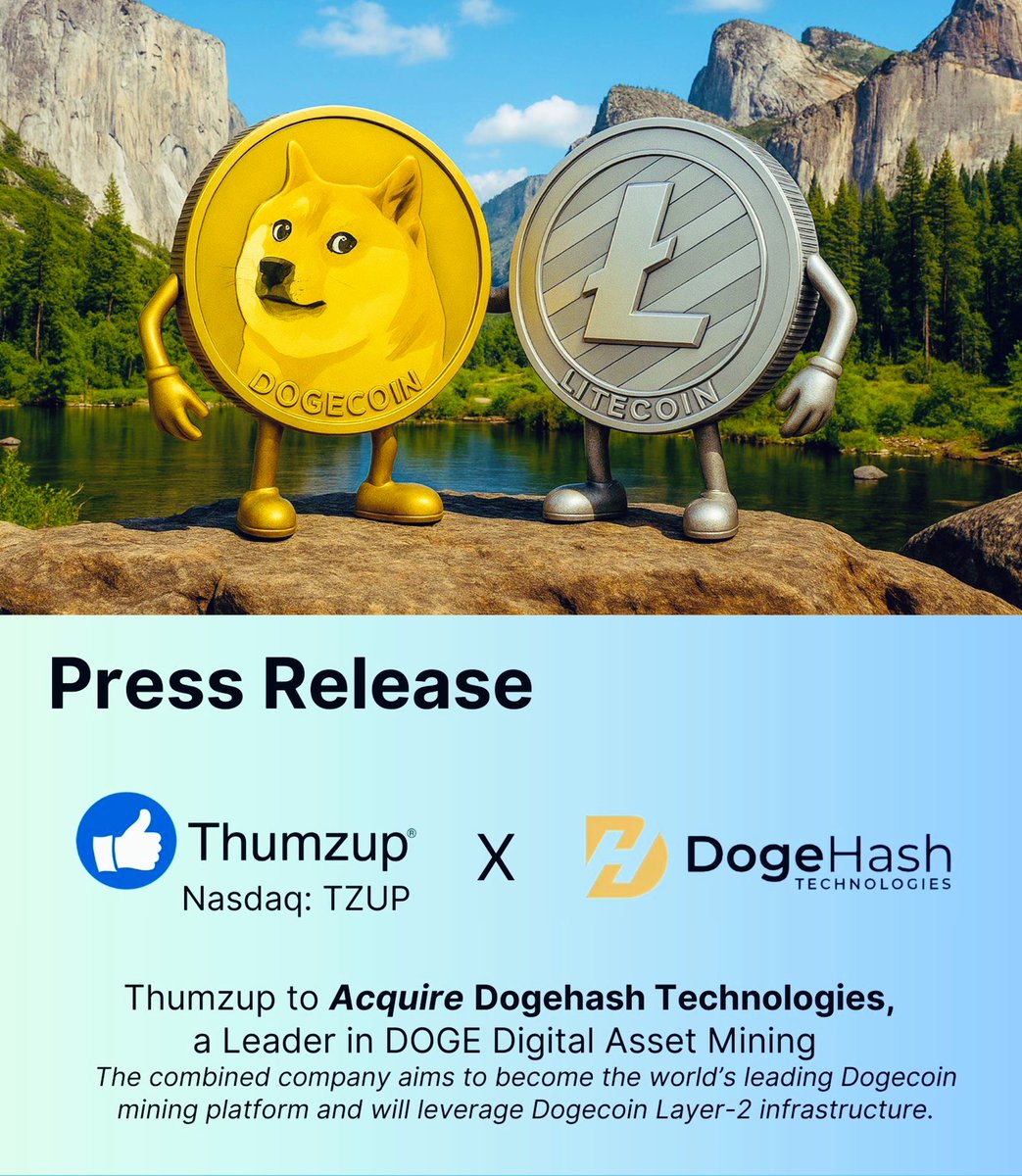 ✴️🇺🇸 NEW: Donald Trump Jr.-backed Thumzup to acquire Dogehash Technologies, boosting $LTC mining alongside $DOGE in an all-stock deal.

Thumzup, a media company backed by Donald Trump Jr., is set to complete the acquisition of Dogehash Technologies – a mining firm for $LTC and