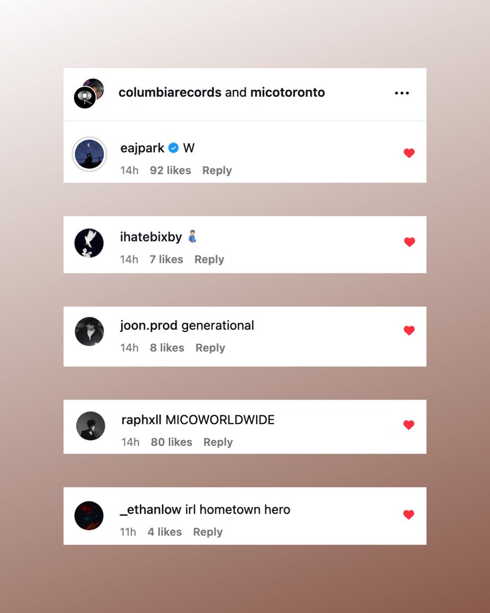 <a href="/eaJPark/">eaJ¹ᐟ</a>: 'W'
<a href="/ihatebixby/">bixby</a>: '🫃🏻'
@joon_prod: 'generational'
@/raphxll: 'MICOWORLDWIDE'
<a href="/_ethanlow/">ethan low</a>: 'irl hometown hero'