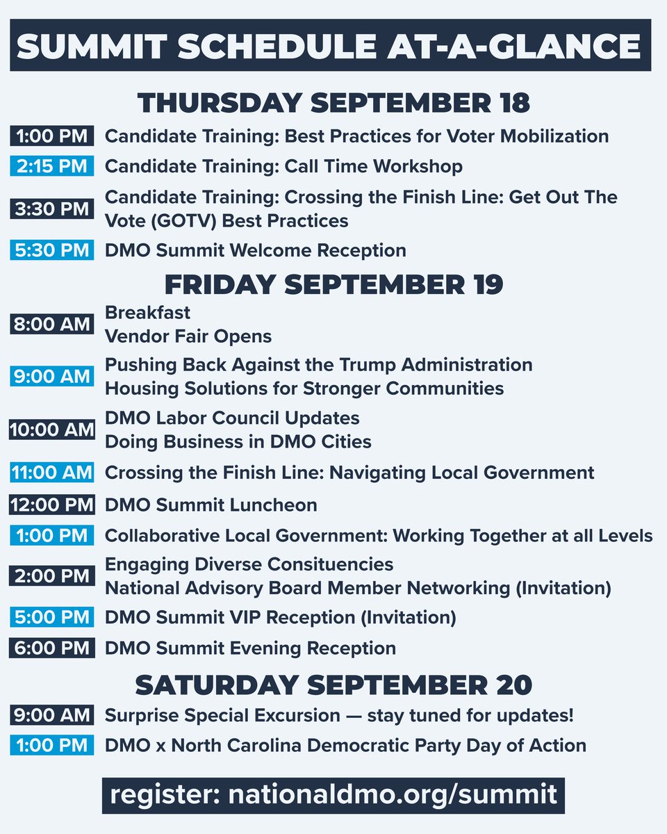 We’re thrilled to announce our 2025 DMO Summit Schedule! 

Looking forward to seeing local elected leaders from across the country in Durham next month! Register today: NationalDMO.org/summit