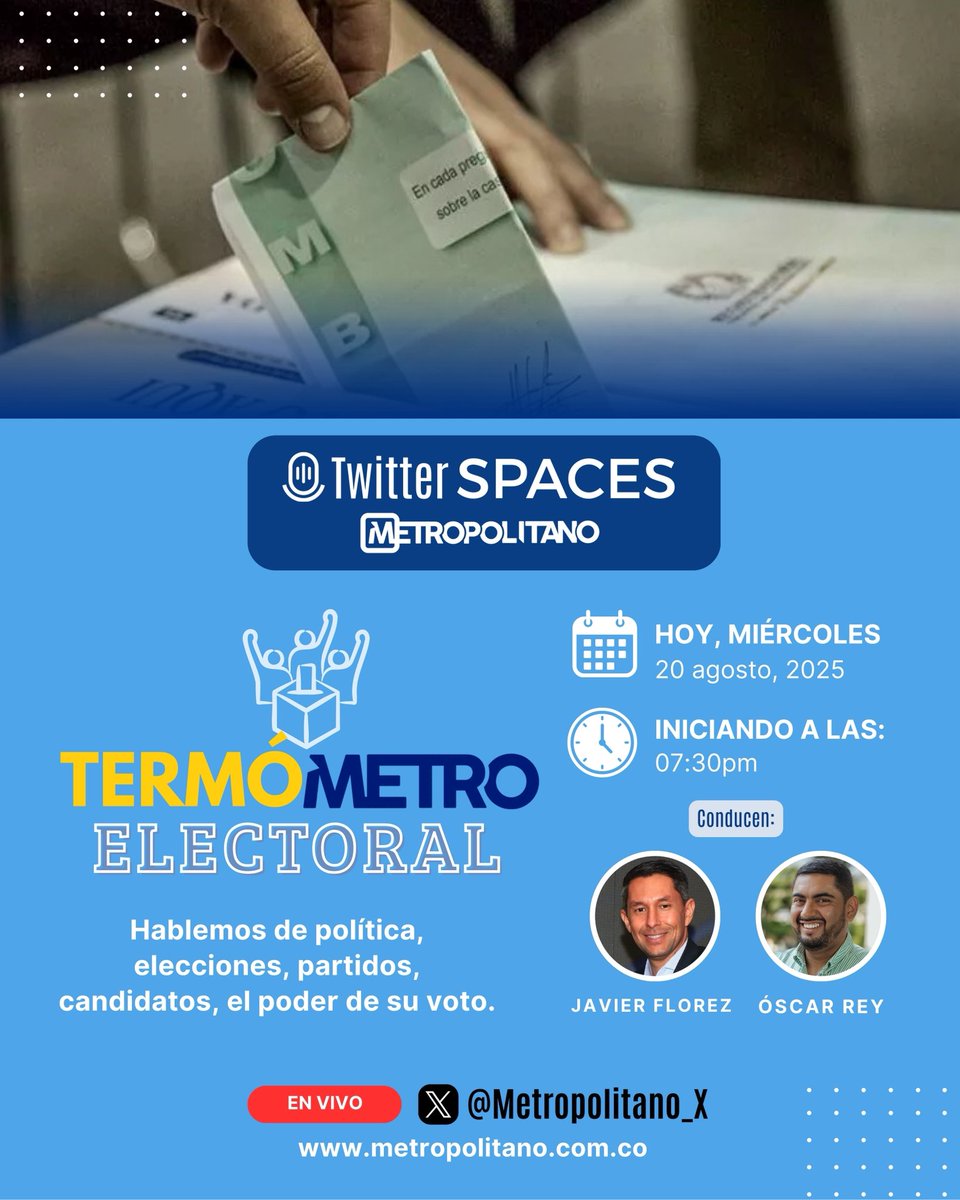 ¡Esta noche, hablemos de política en Santander y Colombia!

Abrimos un nuevo espacio de análisis y opinión en METROPOLITANO. 

Política, elecciones, partidos, candidatos, el poder de su voto. ¡Conéctese hoy y participe!

Twitter Space Metropolitano:

- Comenzando a las: 7:30 p.m.