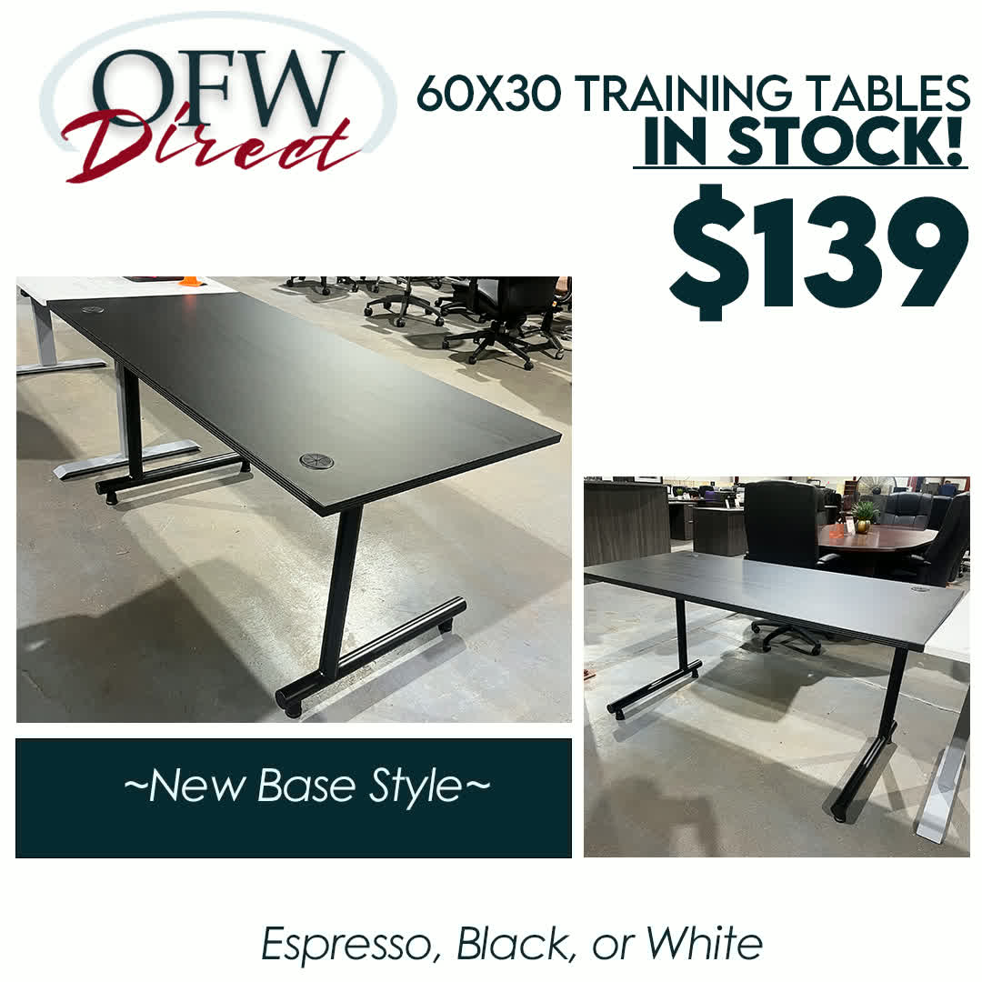 New Training Tables with T Leg Base! 
✔3 colors
✔Unbeatable price
✔In stock

These tables can be used in so many areas of your office! Come by our showroom to pick up or let us deliver &amp; install them for you!