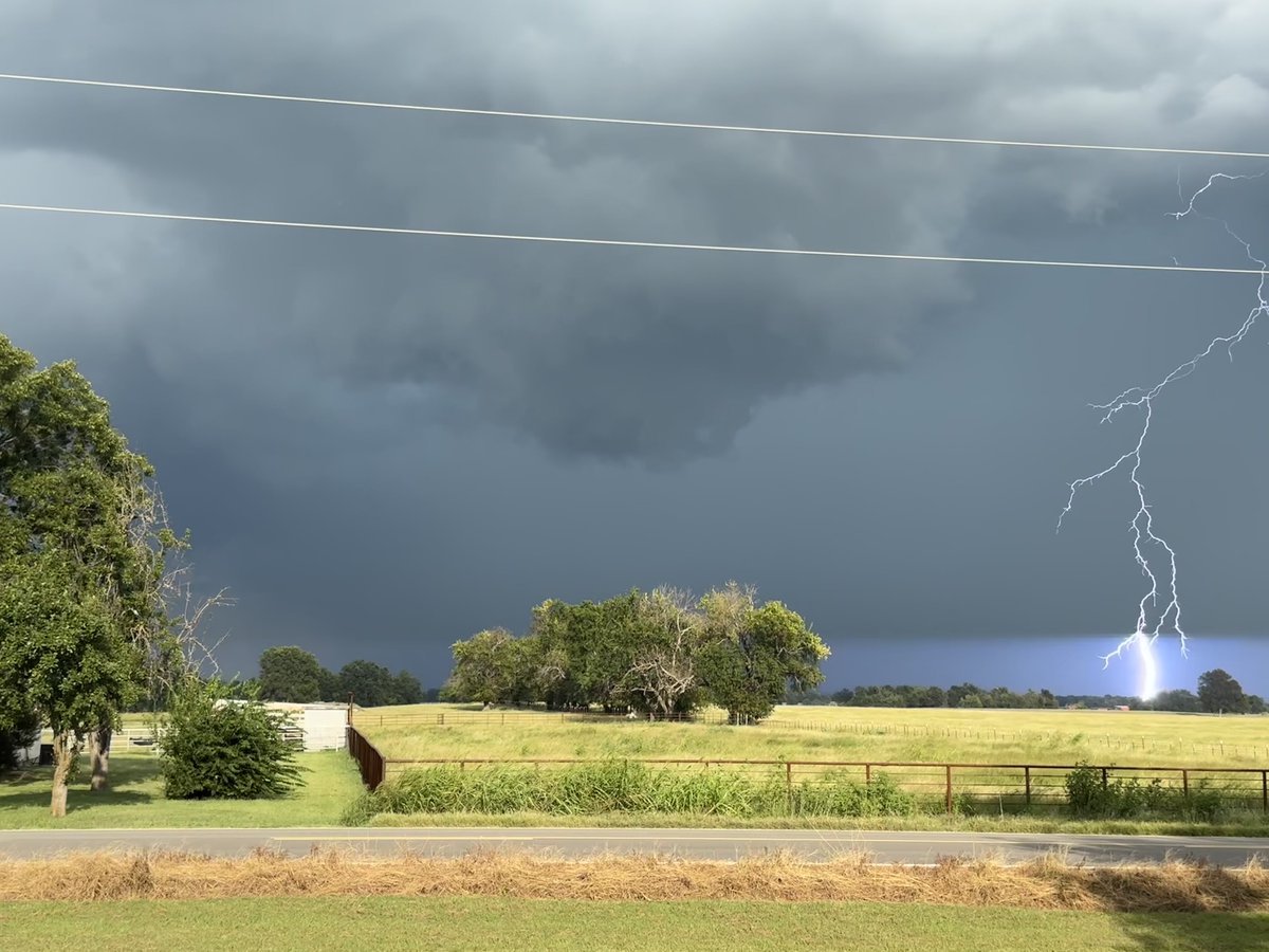 Lightning strike 5 miles north of Soper, OK looking east towards Hugo, OK around 6:15 pm today. Photo sent in from Rachel Schock. #okwx