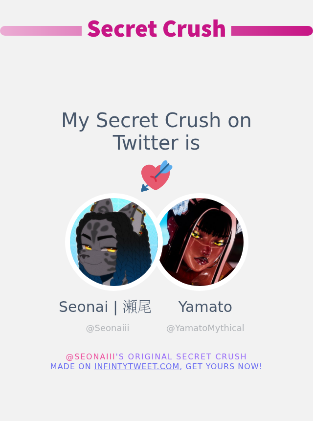 My Secret Crush on Twitter is <a href="/YamatoMythical/">Yamato</a>

➡️ infintytweet.me/secret-crush