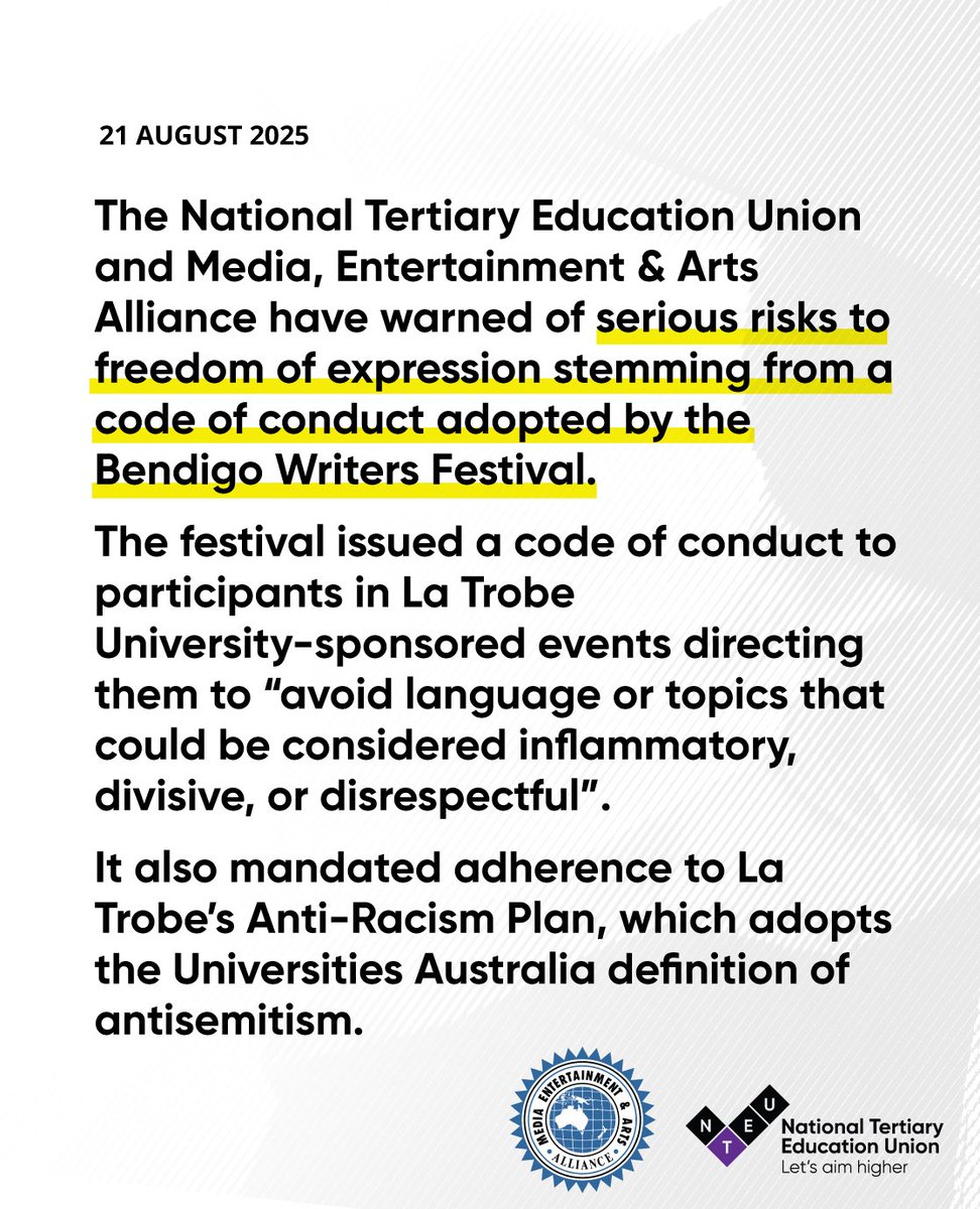 NTEU (@nteunion) on Twitter photo “It’s especially galling that La Trobe University management has used its role as a sponsor of the festival to stifle academic freedom and freedom of expression – the very principles universities are built on.” -NTEU National President <a href="/AlisonBarnes25/">Alison Barnes</a> <a href="/withMEAA/">MEAA</a> <a href="/NTEUVictoria/">NTEU Victoria</a> “It’s especially galling that La Trobe University management has used its role as a sponsor of the festival to stifle academic freedom and freedom of expression – the very principles universities are built on.” -NTEU National President <a href="/AlisonBarnes25/">Alison Barnes</a> <a href="/withMEAA/">MEAA</a> <a href="/NTEUVictoria/">NTEU Victoria</a>