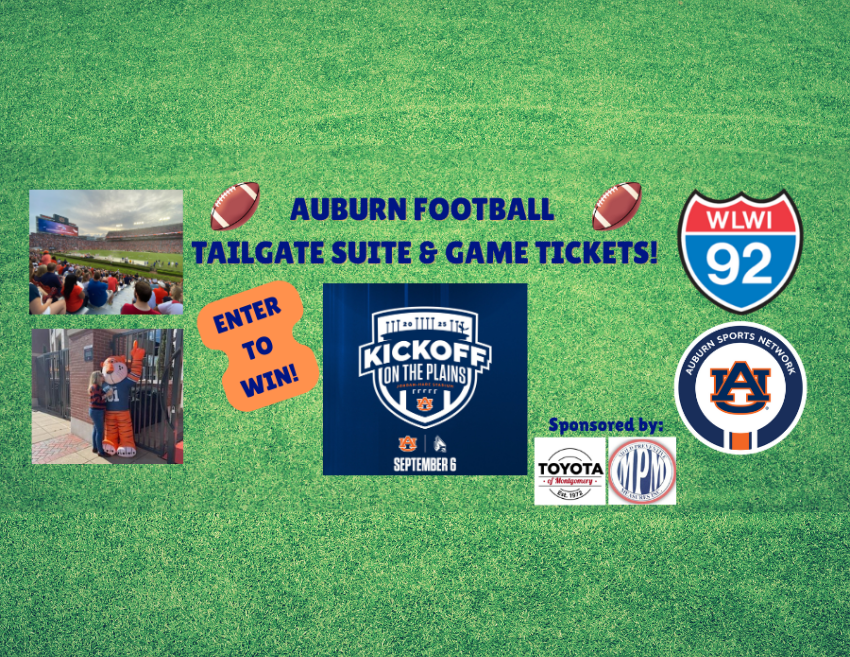 Win a pair of tickets for the Auburn football home opener on September 6th! Plus, win a pair of tickets to join your friends at I-92 in a tailgate suite before the game! Sponsored by Toyota of Montgomery and MPM Feed and Seed! Enter now at WLWI.com