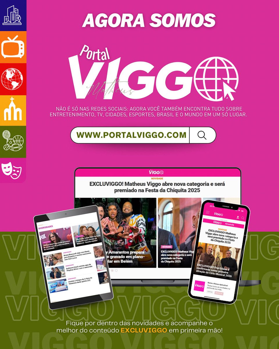 ✨ Agora é oficial: o Viggo não está só nas redes sociais, somos também um portal de notícias! ✨

Com conteúdo EXCLUVIGGO, atualizações em tempo real e uma cobertura ainda mais completa dos principais acontecimentos, o Portal Viggo chega para ampliar nossa presença e levar