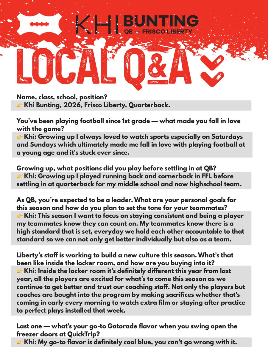 FriscoFB's tweet photo. 📍LOCAL Q&A
ft KHI BUNTING
@BuntingKhi
QB — FRISCO LIBERTY
@LHSRedhawksFB
#FriscoFootball #LocalQA https://t.co/qdK0poaHX2