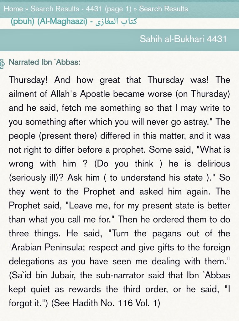 SyedSahilAbba10's tweet photo. The Tragedy of Thursday - Authoritative References of the Incident Qartas fom Sahih al-Bukhari : 4431, 5669 &amp; 7366 📖📚
On 25 safar, three days before the martyrdom of Holy Prophet (saww)💔
واقعہ قرطاس اہلسنت کتب صحیح بخاری کی روایات میں: https://t.co/vvMmsZlGHf