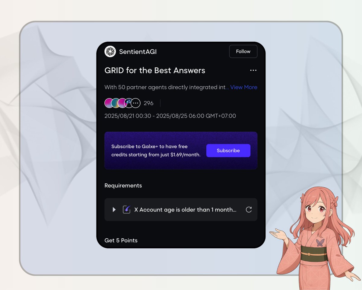 .<a href="/SentientAGI/">Sentient</a>  GRID for the Best Answers

Galxe มาใหม่ค่ะ 

➠ app.galxe.com/quest/5pH5qUCo…