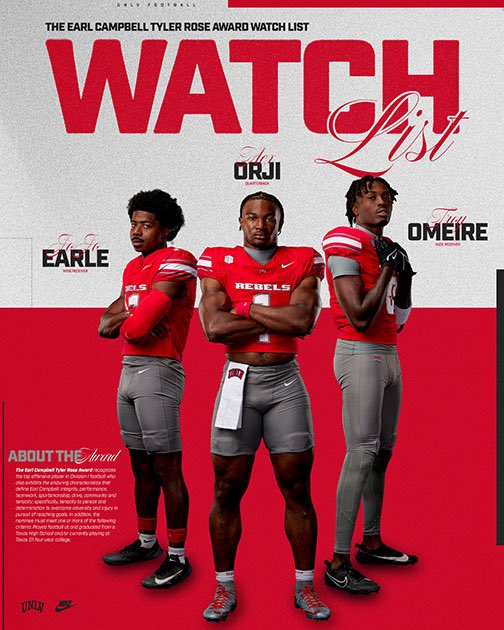 Jose V. -🤌 (@jose_volonte) on Twitter photo The <a href="/unlvfootball/">UNLV Football</a> Rebels are well-represented on the 2025 Earl Campbell Tyler Rose Award Watch List 🙌 QB Alex Orji, WR Troy Omeire & WR JoJo Earle all earned spots. The award recognizes the best offensive player in D1 football with character, toughness & perseverance. #UNLVFB The <a href="/unlvfootball/">UNLV Football</a> Rebels are well-represented on the 2025 Earl Campbell Tyler Rose Award Watch List 🙌 QB Alex Orji, WR Troy Omeire & WR JoJo Earle all earned spots. The award recognizes the best offensive player in D1 football with character, toughness & perseverance. #UNLVFB