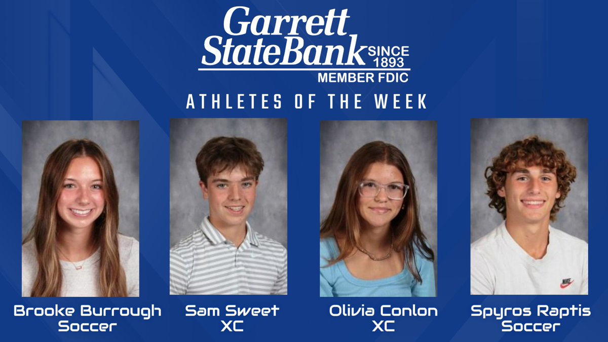 carrollchargers's tweet photo. Congratulations @GarrettStBank Athletes of the Week for 8/11-8/16
Brooke - 2 goals vs Goshen
Sam - 3rd place @ Hokum Karem (4:46 average over 3 mi).
Olivia - 3rd place @ Hokum Karem (5:57 average over 3 mi).
Spyros - 1 goal/1 asst vs Warsaw https://t.co/pyN6nPIdeO