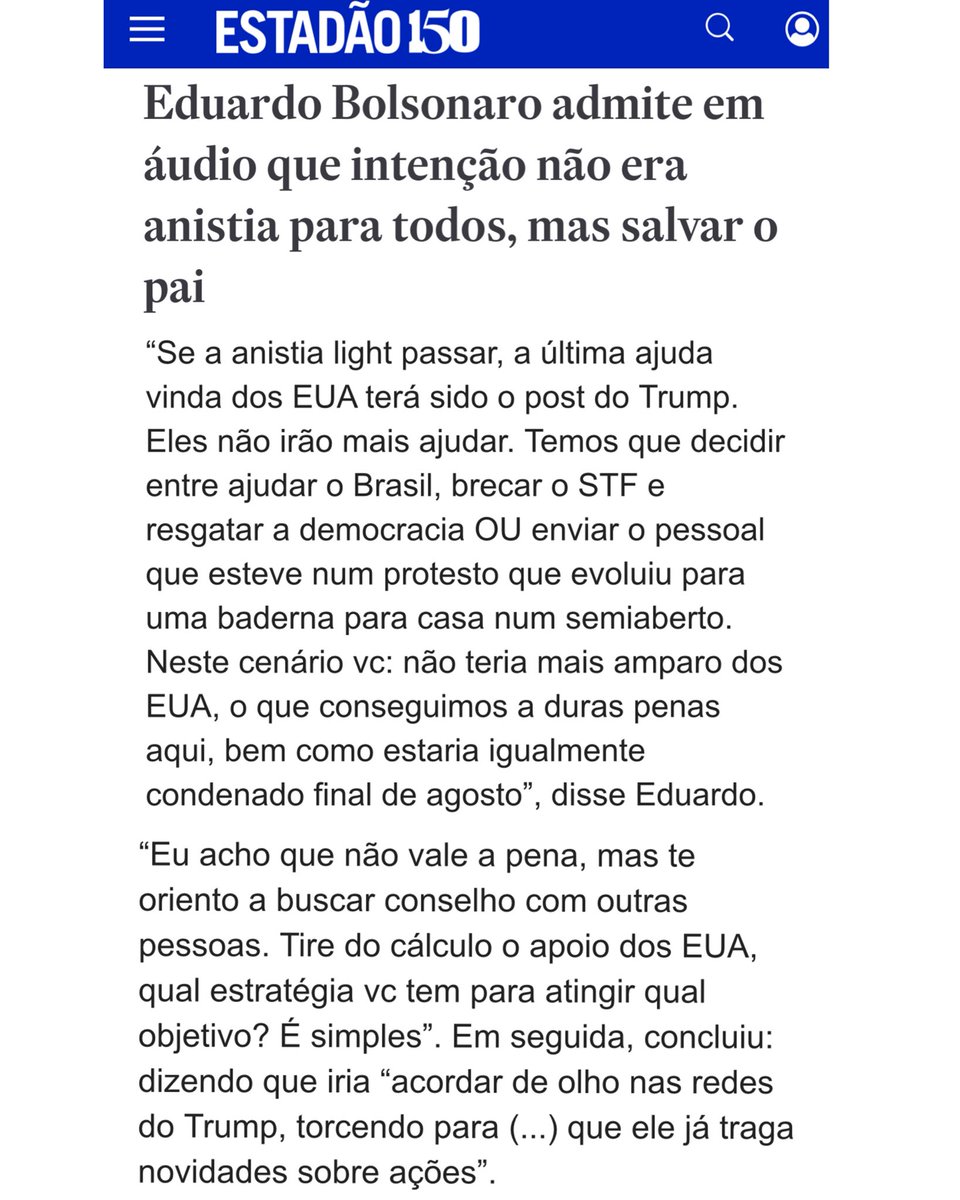 Eduardo Bolsonaro🇧🇷 (@bolsonarosp) on Twitter photo Eu sei que o <a href="/Estadao/">Estadão 🗞️</a> é um serviçal do Regime de Exceção, mas até para a mentira e a canalhice há de se ter limite.
Eu falei, exatamente o OPOSTO, que uma anistia meia boca, apenas para salvar meu pai, não deveria ser aceita, só anistia ampla e irrestrita, para todos. Eu sei que o <a href="/Estadao/">Estadão 🗞️</a> é um serviçal do Regime de Exceção, mas até para a mentira e a canalhice há de se ter limite.
Eu falei, exatamente o OPOSTO, que uma anistia meia boca, apenas para salvar meu pai, não deveria ser aceita, só anistia ampla e irrestrita, para todos.