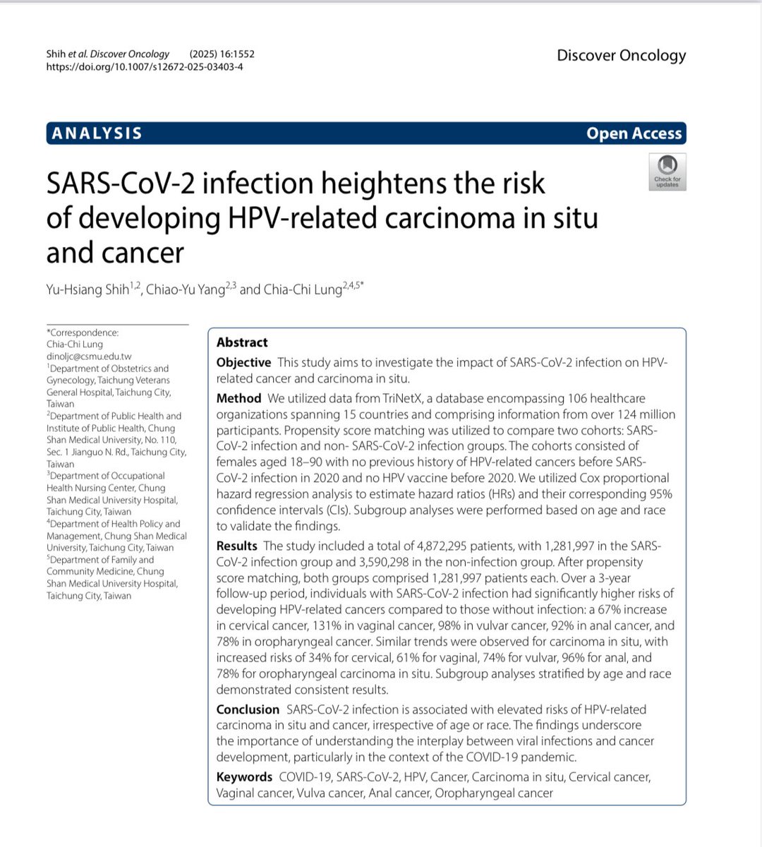 “SARS-CoV-2 infection is associated with elevated risks of HPV-related carcinoma in situ &amp; cancer, irrespective of age or race. The findings underscore…the interplay between viral infections &amp; cancer development, particularly in the context of the COVID-19 pandemic.”