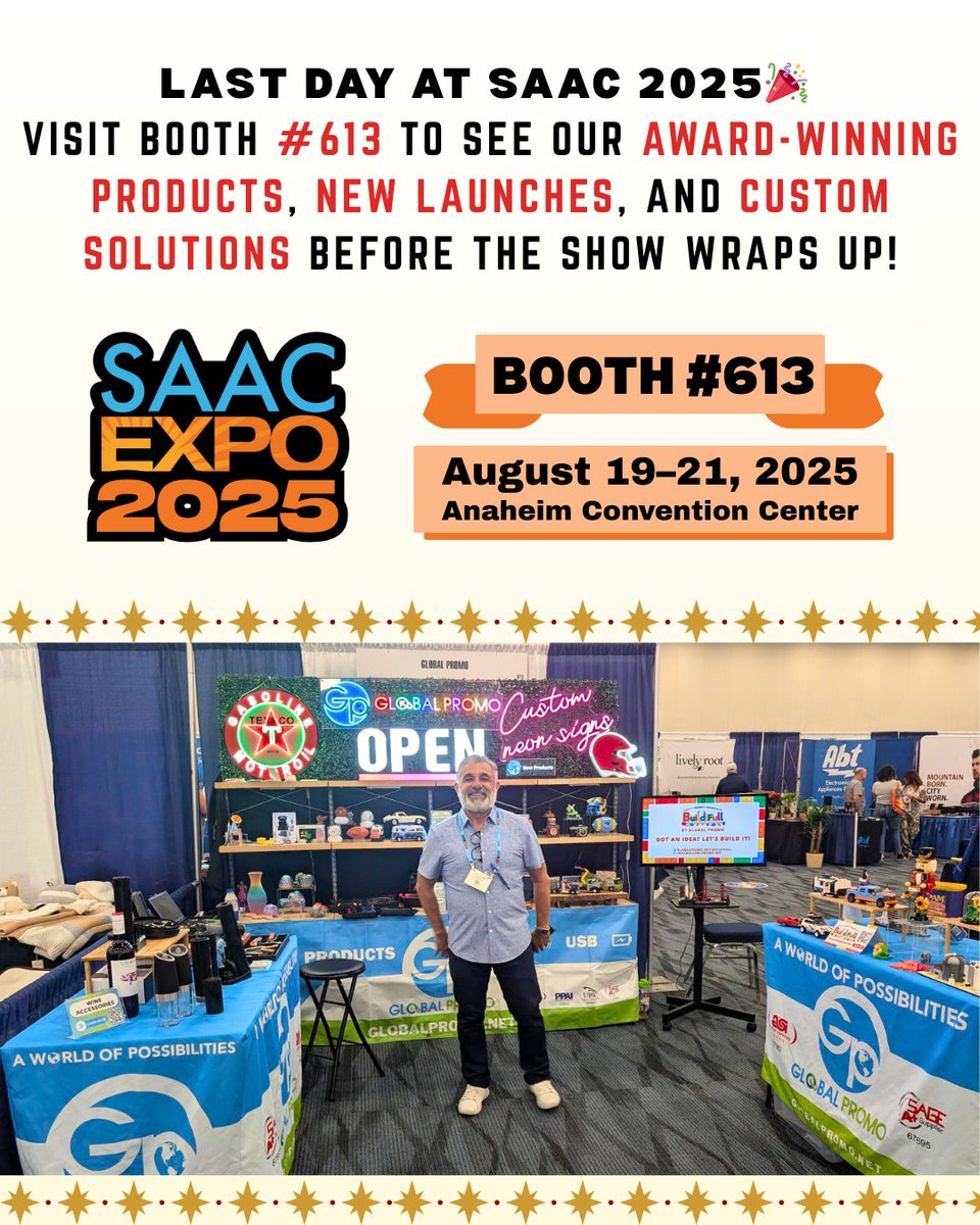 GlobalPromo_LLC's tweet photo. Last day at SAAC 2025 tomorrow! 🎉 Visit Booth #613 to see our award-winning products, new launches, and custom solutions before the show wraps up! 

#saacexpo2025 #SAAC2025 #promo https://t.co/gZ1PBSx7go