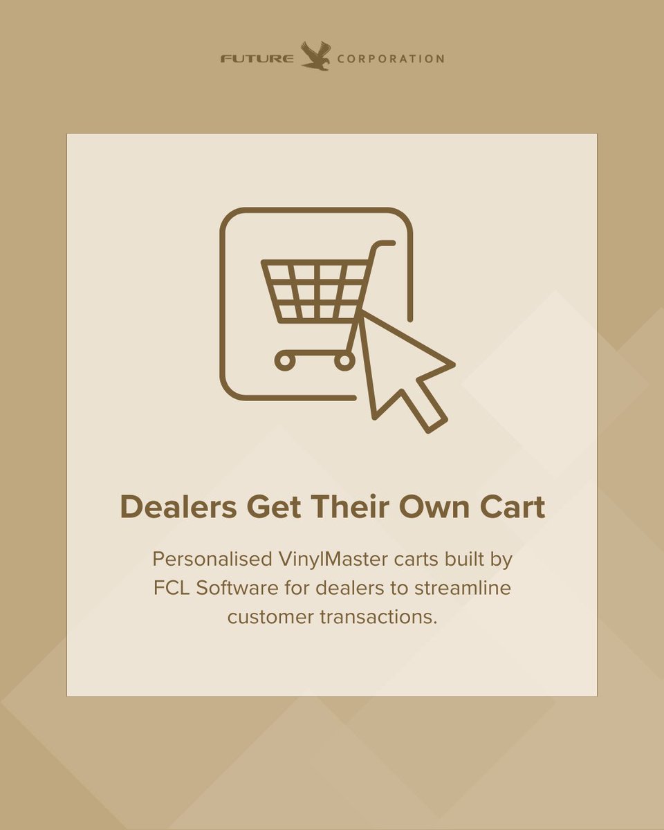 fclsoftware's tweet image. Dealers, get your own personalized VinylMaster cart built by FCL Software! Streamline customer transactions and provide a seamless shopping experience with a branded cart tailored to your business.

#fclsoftware #vinylmaster #design #software #designsoftware #dealer #dealercart