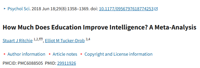 Each additional year of education increases IQ by an average of 3.4 points.