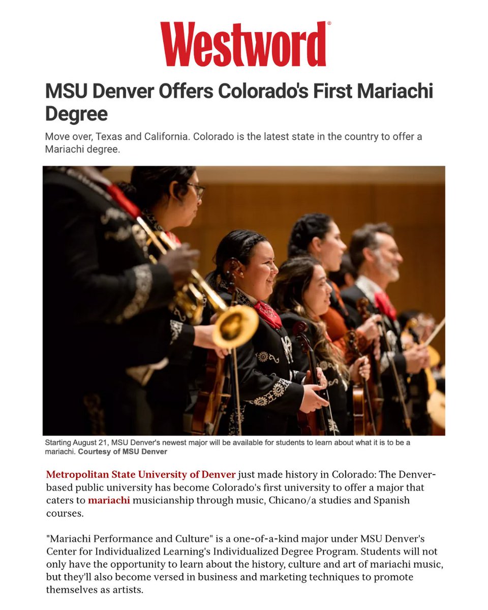 Gran noticia de parte de @MSUDenver: ¡Colorado ya cuenta con la primera especialización en interpretación y cultura del mariachi de nuestro país! 🎶👏 Este programa innovador celebra la rica historia del mariachi y brinda a los estudiantes las herramientas para triunfar como