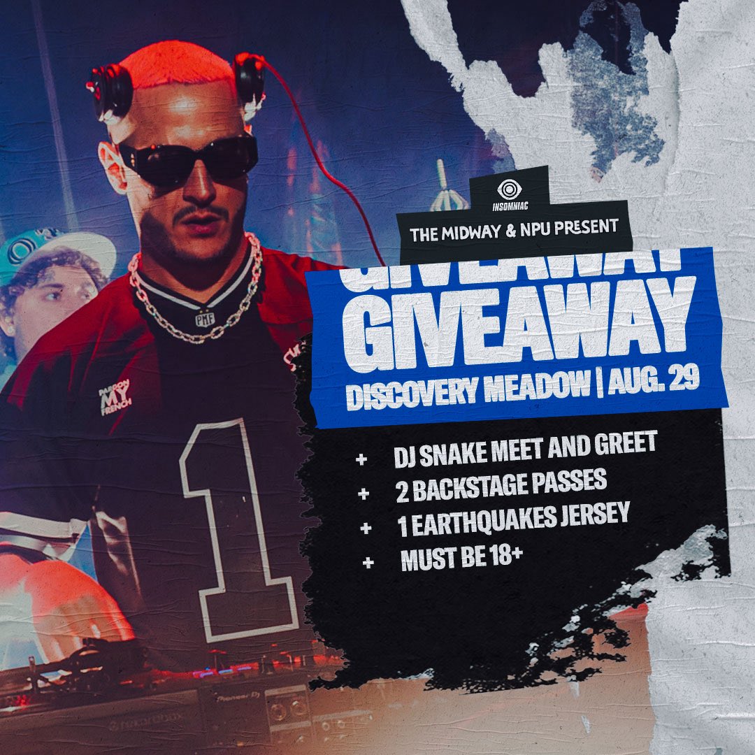 SJEarthquakes's tweet photo. GIVEAWAY! 📀🕺 
We’re teaming up with @themidwaysf and NPU to give away 2 backstage passes + a meet and greet with DJ Snake, and an Earthquakes Jersey. 

➕ Must follow @sjearthquakes & @Themidwaysf  💙 Like this post 💬 Tag a friend  🔄 Retweet this post  Winner will be selected Monday, August 25! Tickets available with the link in bio. Use code “Earthquake” at checkout for 10%.