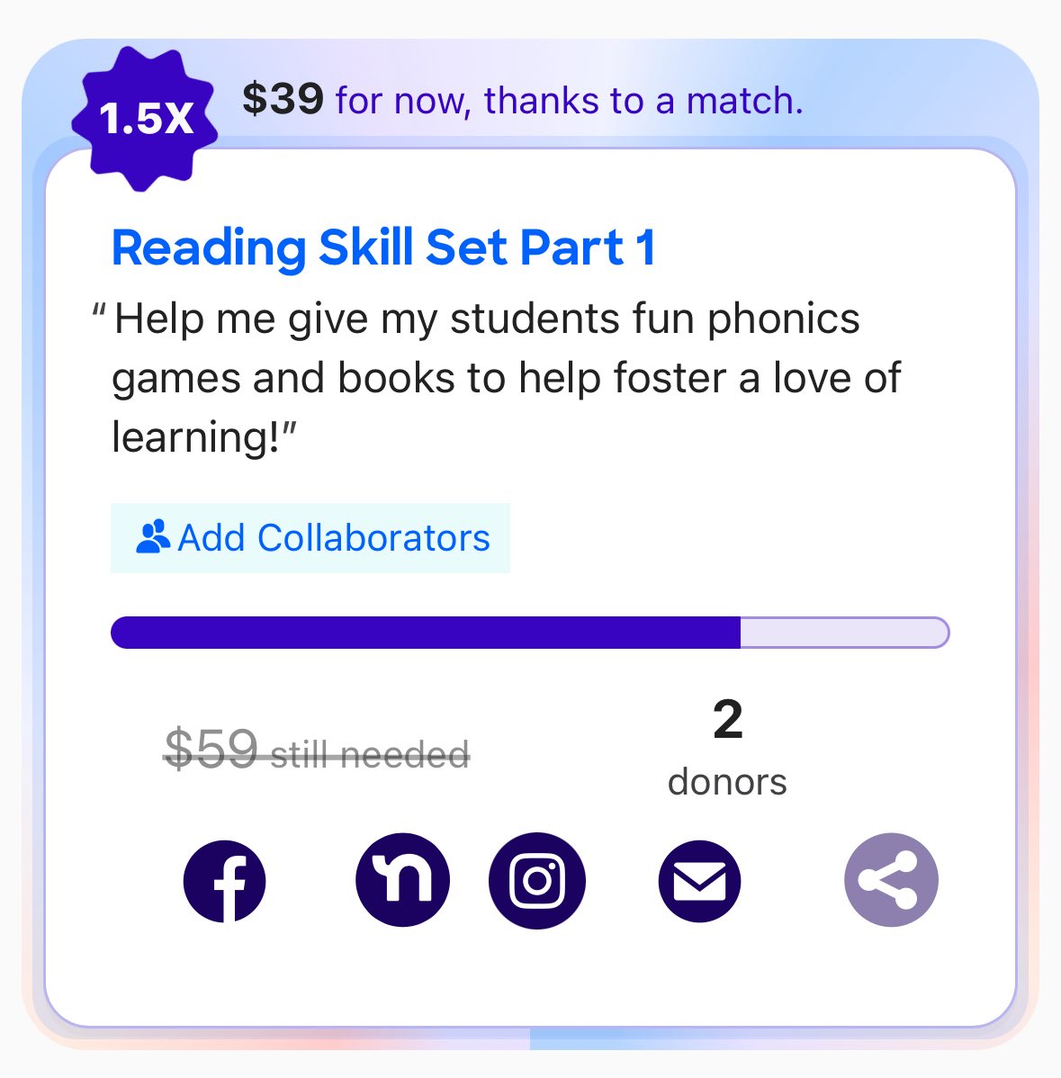 thanks to a match on <a href="/DonorsChoose/">DonorsChoose</a> right now i only need $39 more to fulfill my project! 🤞🏻 thank you! #donorschoose #clearthelist

secure.donorschoose.org/project/readin…