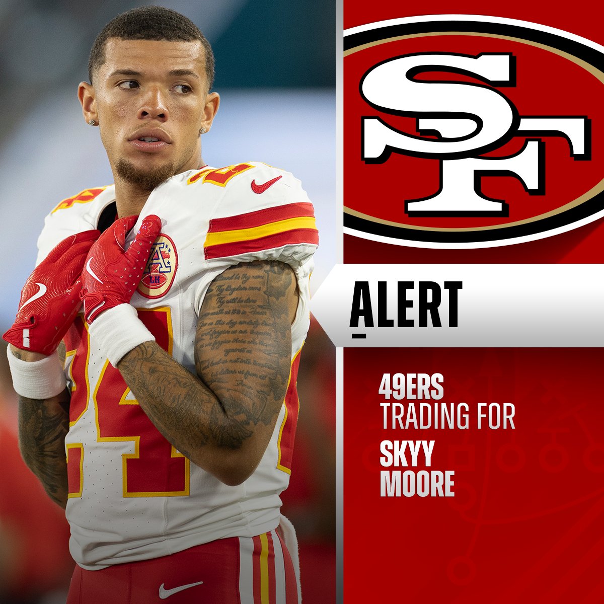 NFL (@nfl) on Twitter photo Chiefs trade WR Skyy Moore to 49ers for 2027 pick swaps. (via <a href="/RapSheet/">Ian Rapoport</a>, <a href="/TomPelissero/">Tom Pelissero</a>, <a href="/MikeGarafolo/">Mike Garafolo</a>) Chiefs trade WR Skyy Moore to 49ers for 2027 pick swaps. (via <a href="/RapSheet/">Ian Rapoport</a>, <a href="/TomPelissero/">Tom Pelissero</a>, <a href="/MikeGarafolo/">Mike Garafolo</a>)