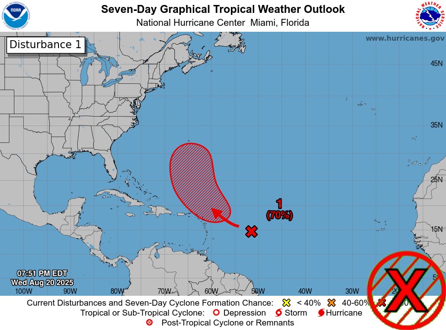 TrevorTropicsWX's tweet photo. ATL #HurricaneSeason2025 8pm EDT
AOI Near the #LeewardIslands as 10% chance to become a TC in 2 days and 70% in 7 days
threat to land is expected
Next invest no:#Invest90L/#90L/#AL90
Next name:#Fernand
#wxX #wxtwitter #Tropicswx #Tropicalwx #Tropics #Hurricaneseason #Hurricane https://t.co/fgShCtglKx