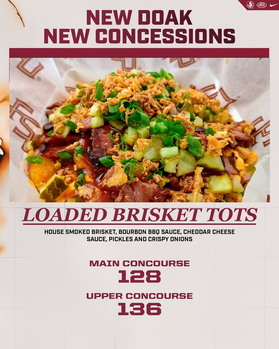New Doak is coming with new and expanded concessions offerings!

Loaded Brisket Tots will be available at Fried Factory locations - main concourse near section 128 and upper concourse near section 136
