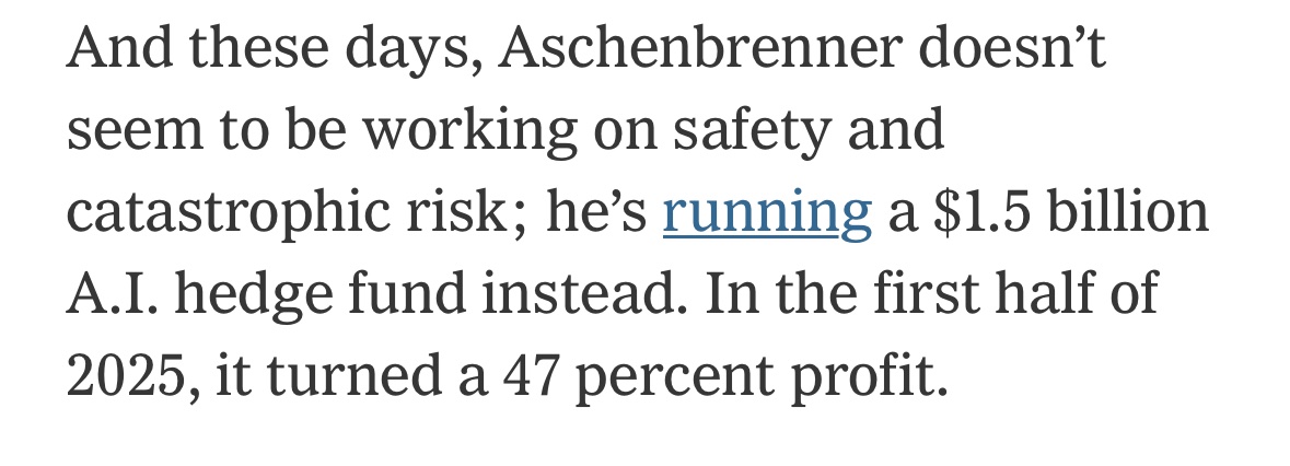 It’s looking more and more like the AGI-next-year people were really just trying to hype up valuations. 

Remember Leopold Aschenbrenner who was saying super intelligence is coming and we’re not ready? Has he been working on risk? Nope. He’s making mad💰💰💰on the hype.
