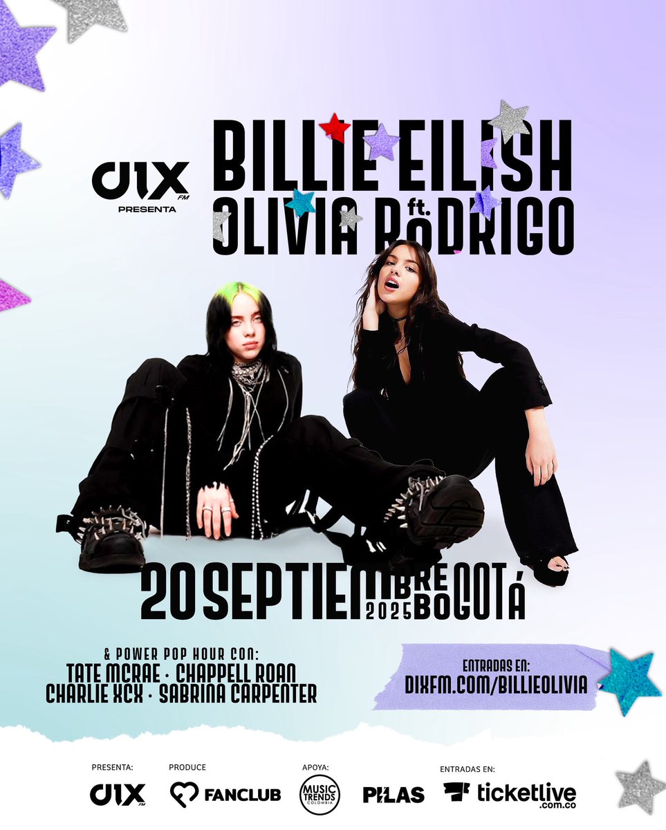 Regresa la noche tus artistas favoritas Billie Eilish ft. Olivia Rodrigo Night este 20 de septiembre en Bogotá! Una noche para saltar, cantar a todo pulmón y bailar sus mejores canciones junto a todos ustedes 🫶🏻

Asegura ya tus entradas en dixfm.com/billieolivia